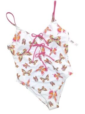 NWT! Pink by Victoria's Secret White One-Piece Swimsuit Front Tie Butterfly Sz M